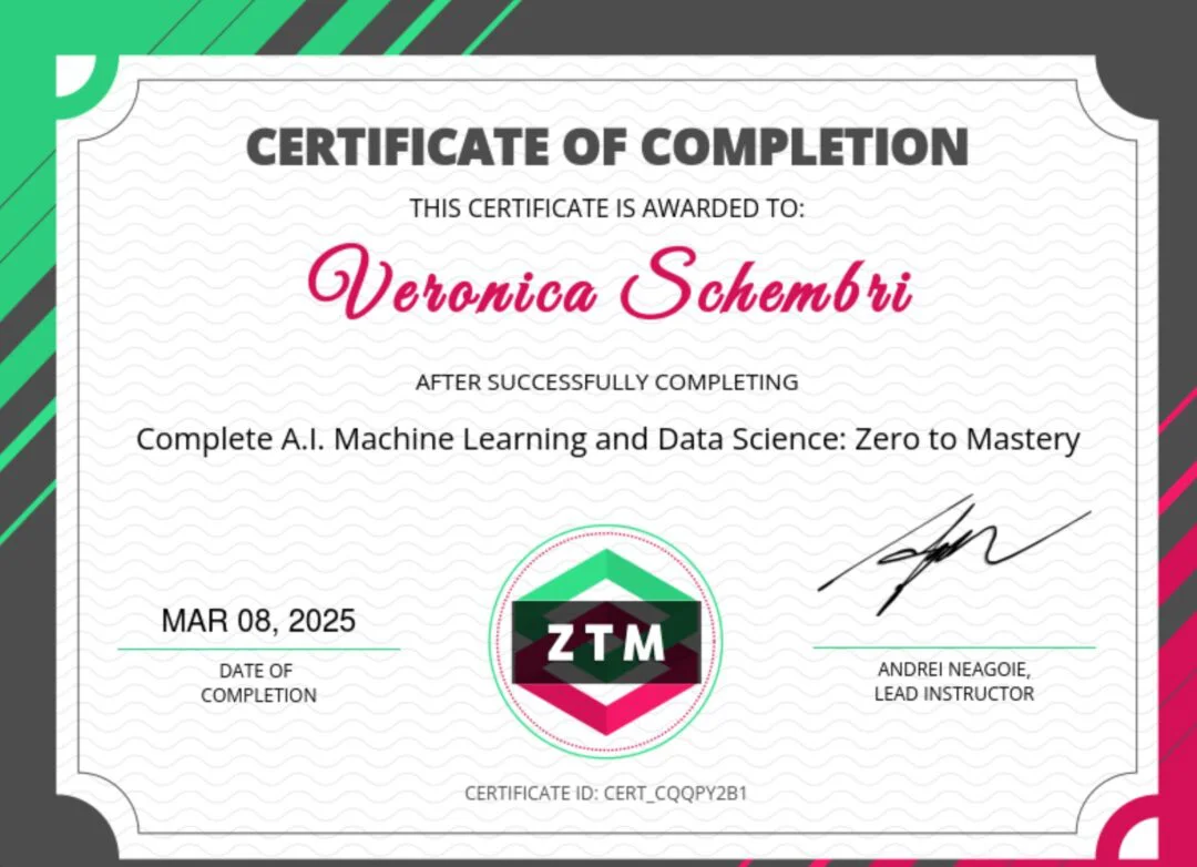 Certificato del corso Complete A.I. Machine Learning and Data Science: Zero To Mastery