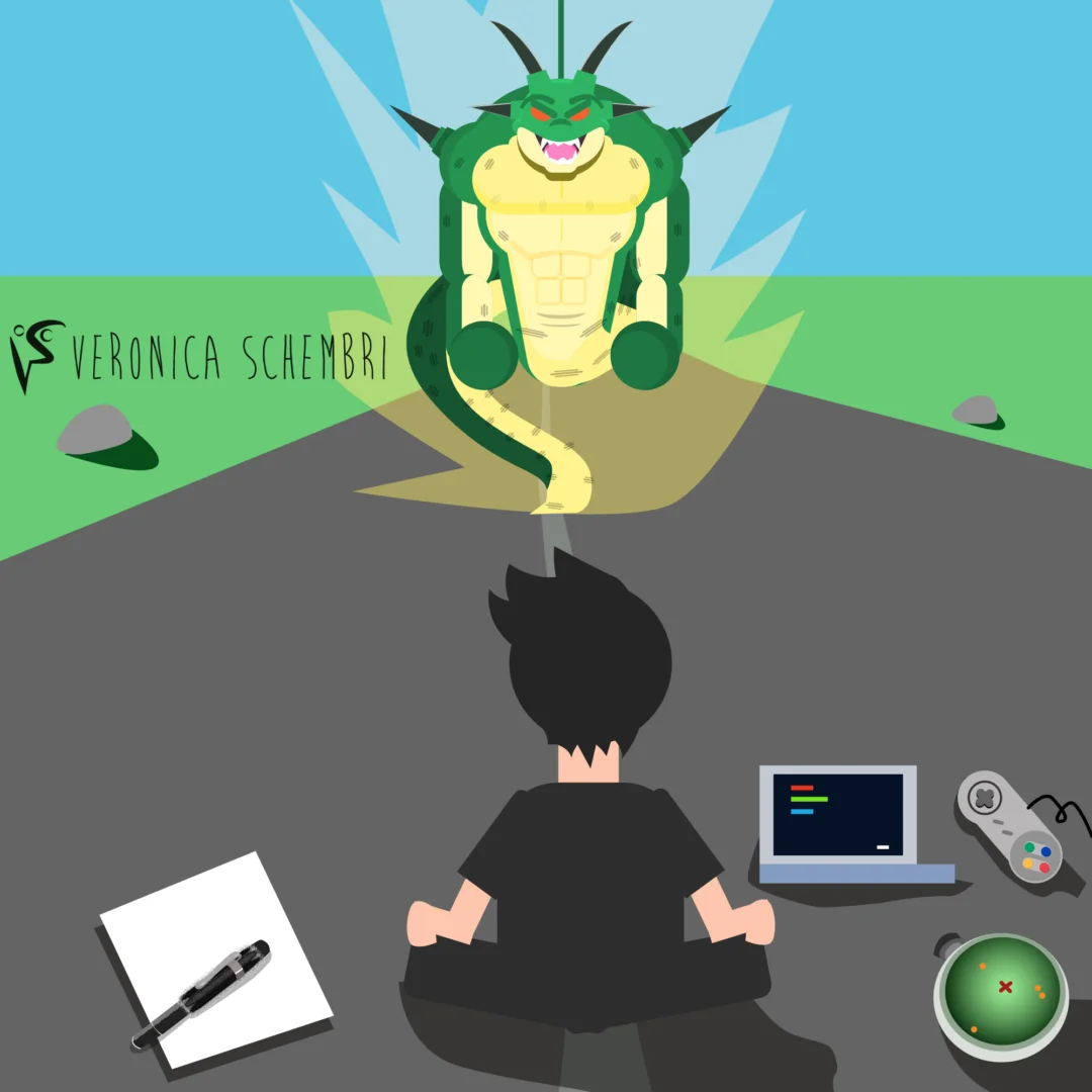 Illustrazione di un drago stilizzato di Dragon Ball che appare di fronte a una persona seduta a gambe incrociate che lavora al computer e gioca ai videogiochi. Opera di Veronica Schembri