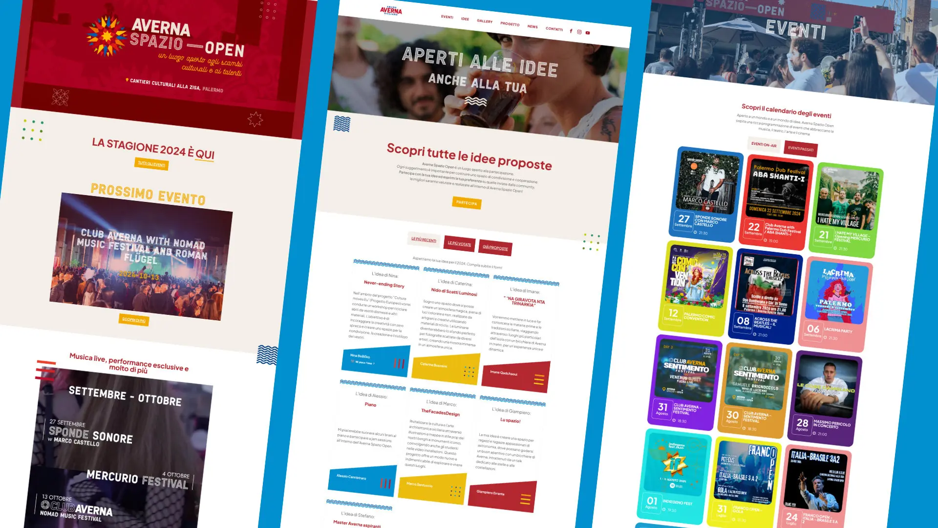Screenshot del sito web di Averna Spazio Open, mostrando il calendario degli eventi, le proposte culturali e la programmazione di settembre e ottobre 2024, inclusi concerti e festival.