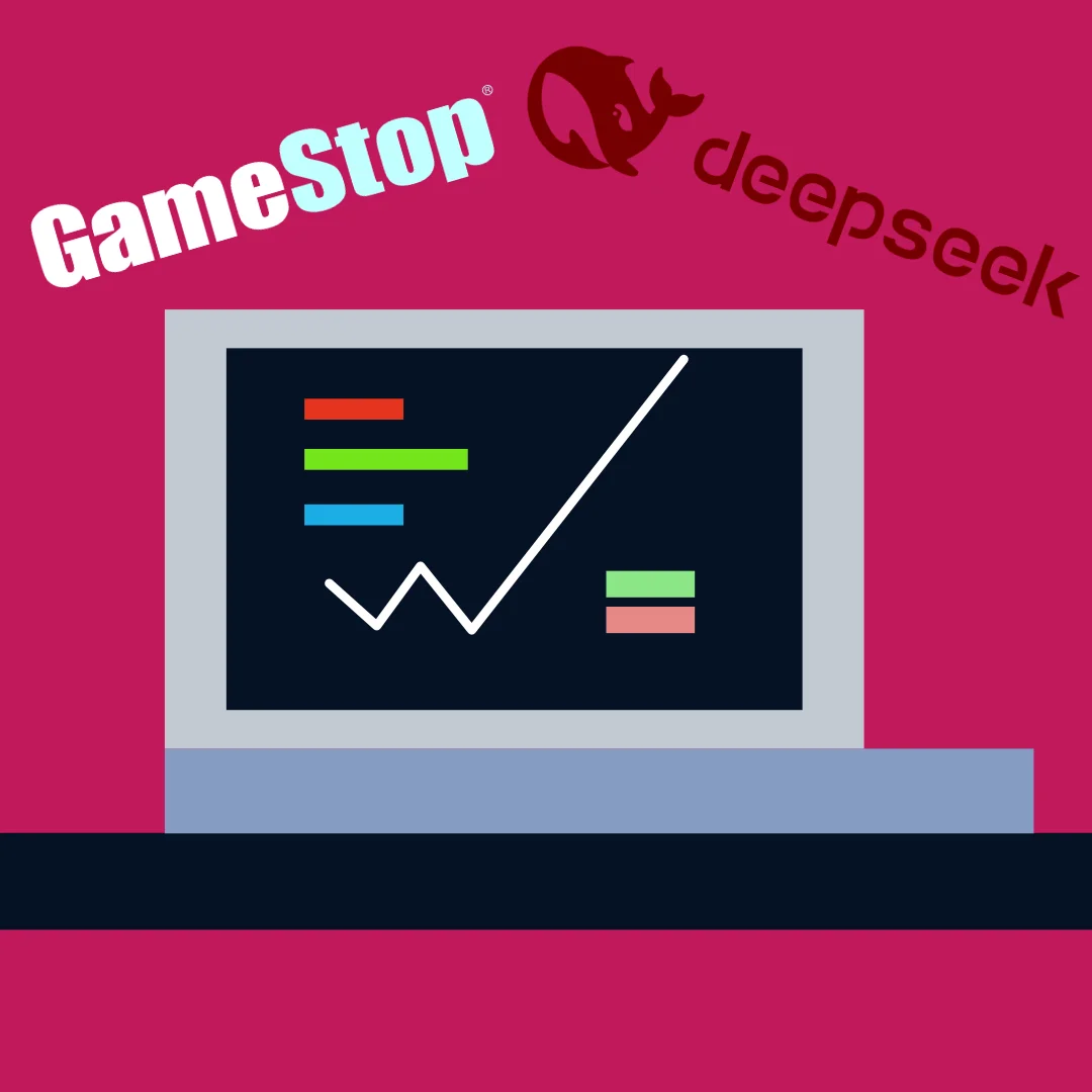 Illustrazione di un mac con un grafico della borsa e i loghi Gamestop e DeepSeek