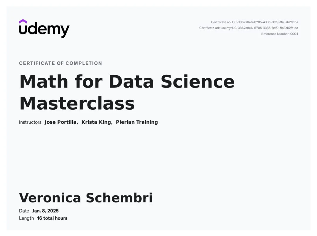 Certificato per il corso Math For Data Science MasterClass