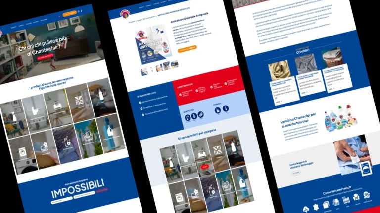 Immagini del sito web di Chanteclair che mostrano la gamma completa di prodotti per la pulizia della casa e la cura dei tessuti. Include immagini dei prodotti, istruzioni per l'uso, consigli per il lavaggio e una sezione dedicata alle FAQ.