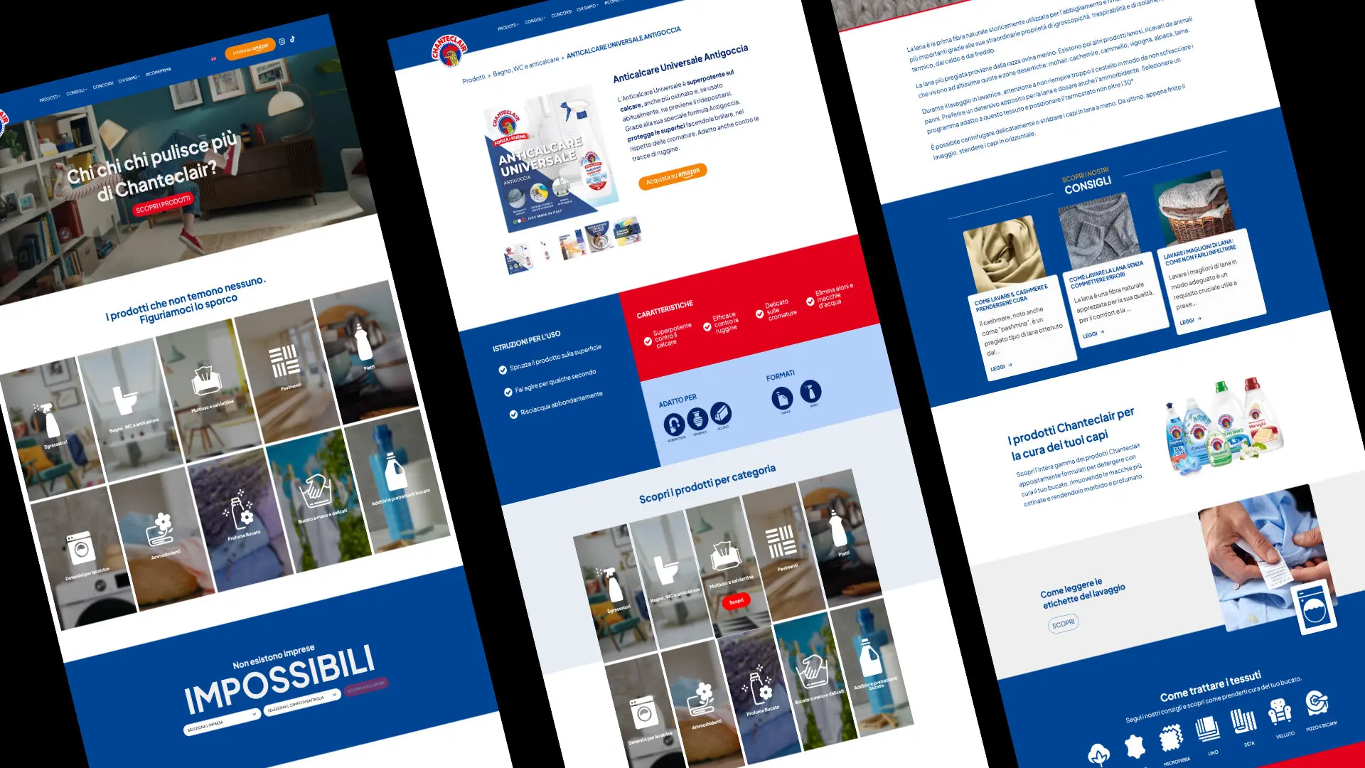 Immagini del sito web di Chanteclair che mostrano la gamma completa di prodotti per la pulizia della casa e la cura dei tessuti. Include immagini dei prodotti, istruzioni per l'uso, consigli per il lavaggio e una sezione dedicata alle FAQ.