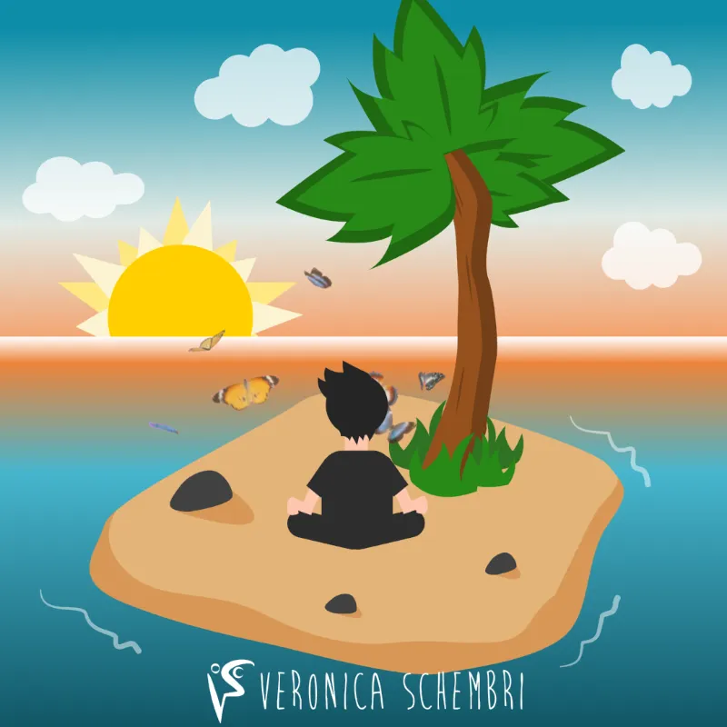 Illustrazione di una persona seduta in posizione di meditazione su una piccola isola sabbiosa con una palma. Il sole tramonta su un oceano turchese, e farfalle colorate e piccoli pesci nuotano intorno.