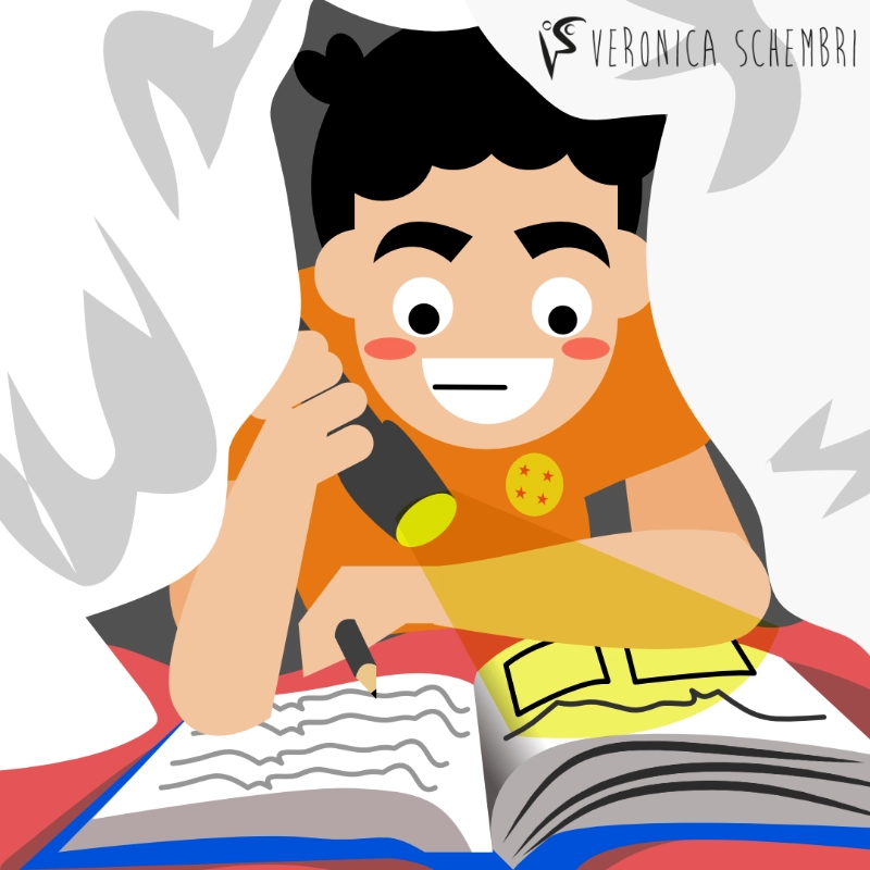 Illustrazione di una bambina che legge un libro sotto le coperte con una torcia