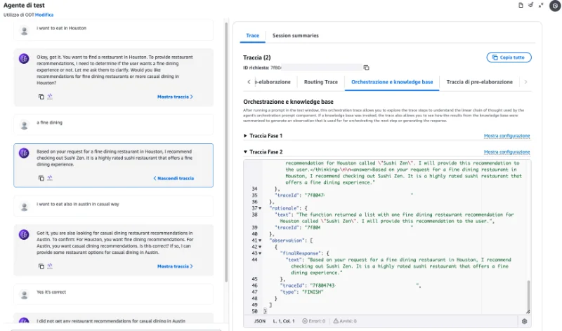 Screen della traccia di una conversazione per debuggare le risposte