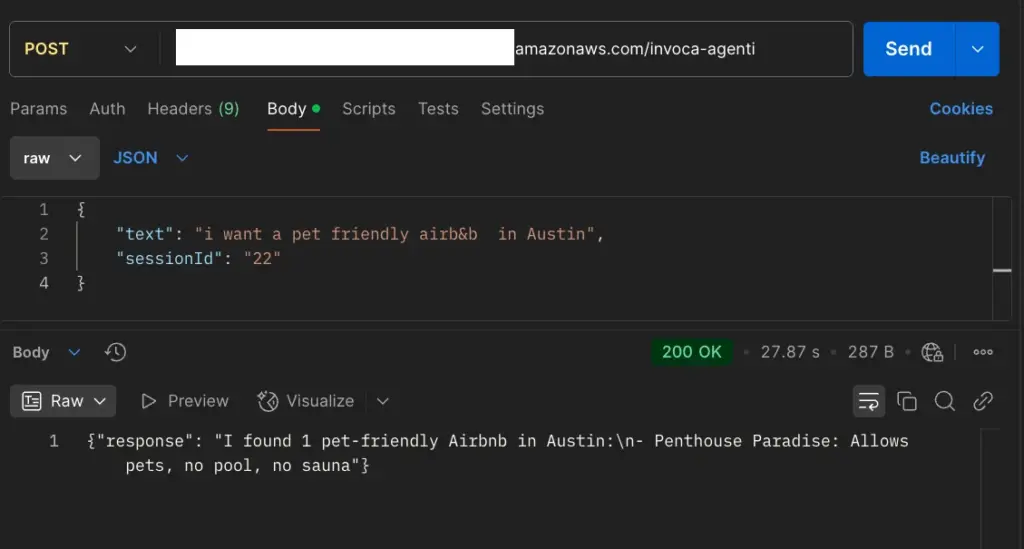 Screen post man, per mostrare la risposta alla chiamata API del modello