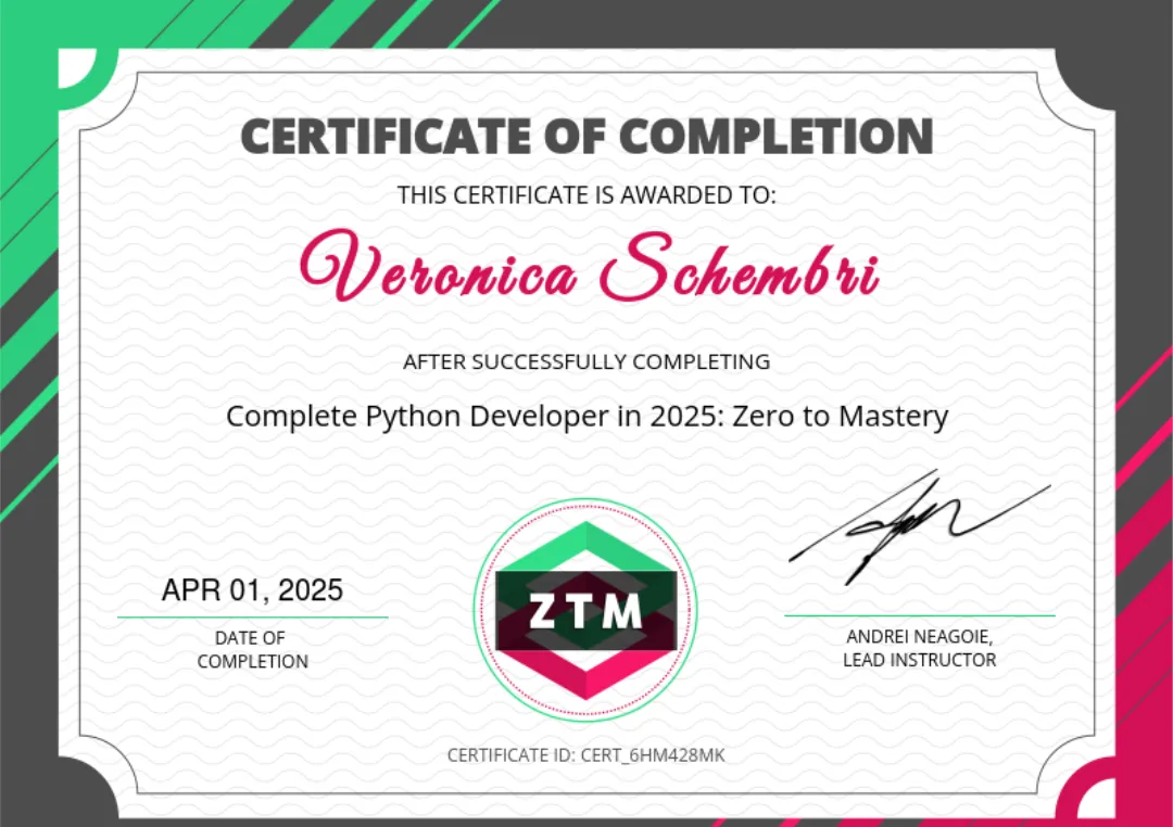 Certificato del corso: The complete Python developer - Zero To Mastery